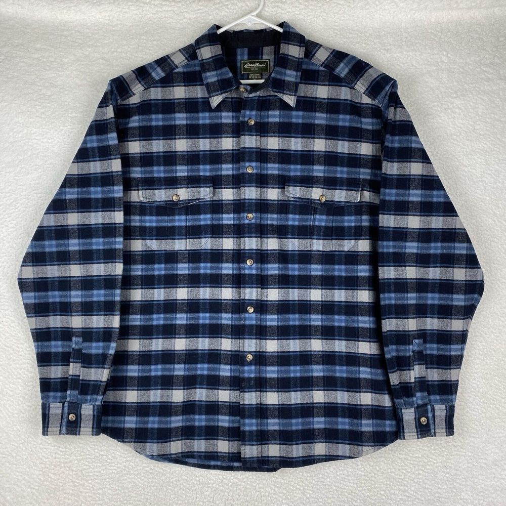 Vtg Eddie‎ Bauer Shirt Mens Size XL Blue Plaid Heavyweight Flannel Lumberjack